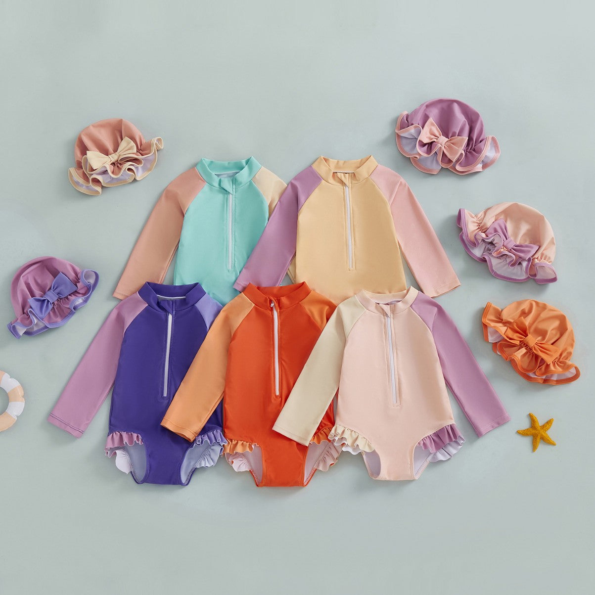 Color Stitching One-piece Long Sleeves With Hat Children's Swimsuit