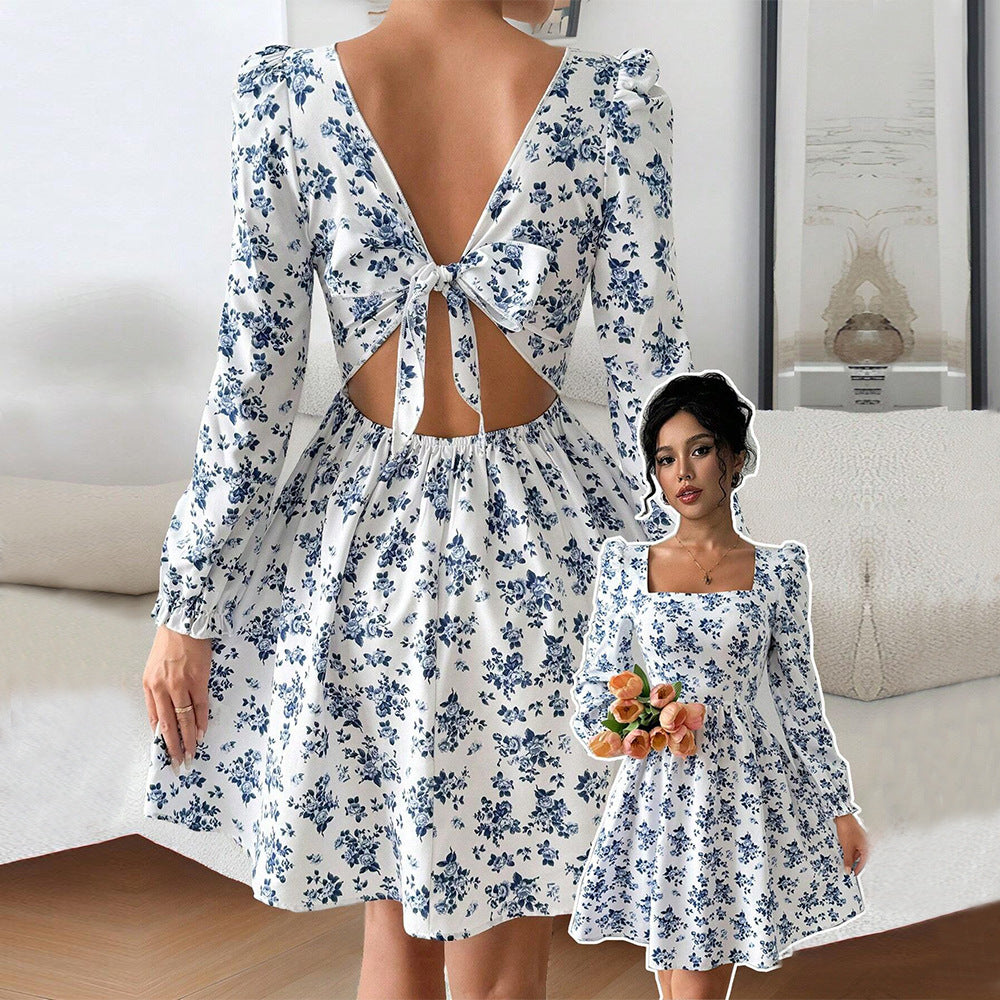 Women's French Square Neck Elegant Style Dress Autumn And Winter High Waist Backless Tie Floral Short Skirt