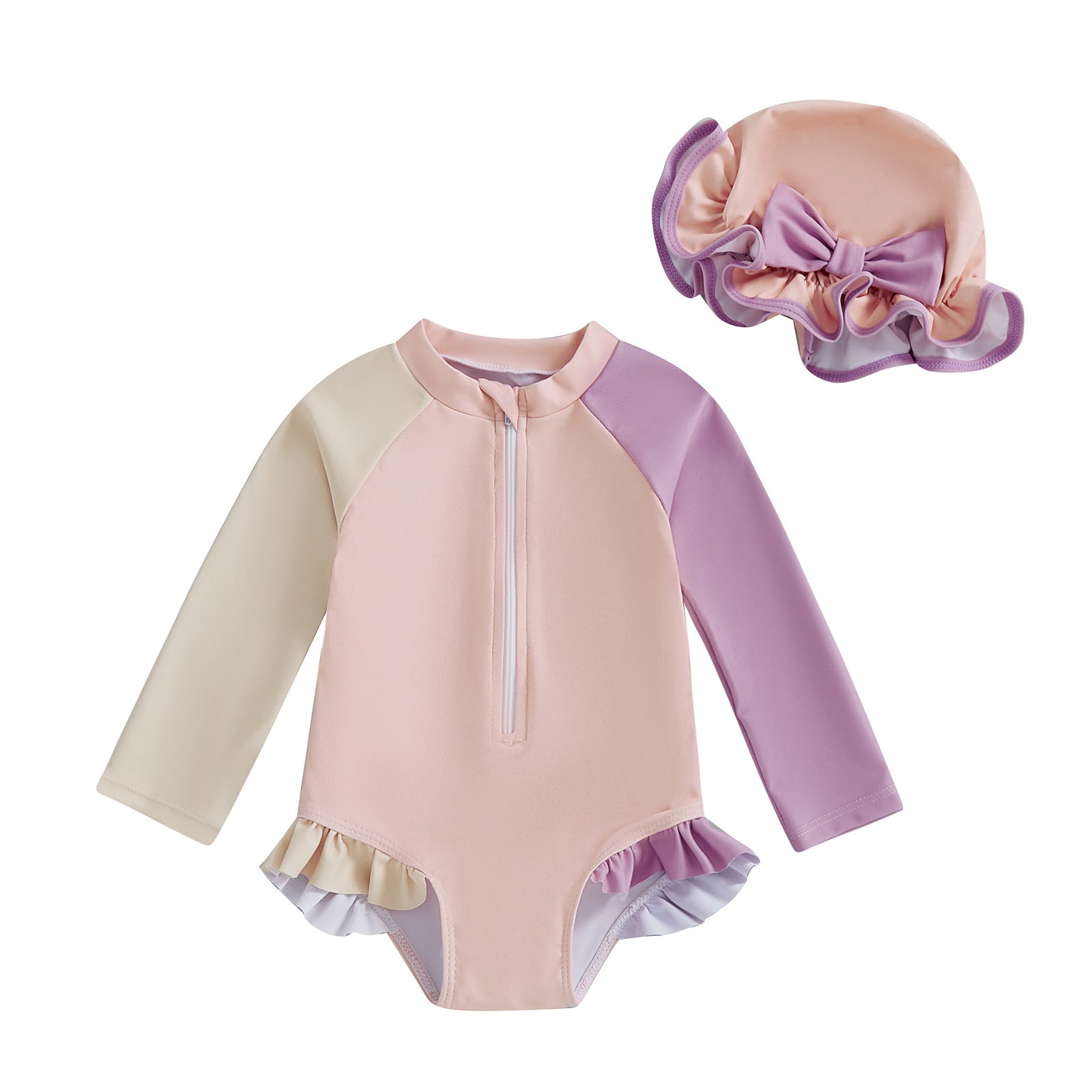 Color Stitching One-piece Long Sleeves With Hat Children's Swimsuit