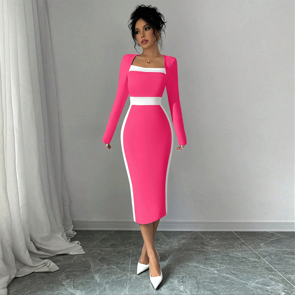 Women's Patchwork Color-block Sexy Long-sleeve Bodycon Dress