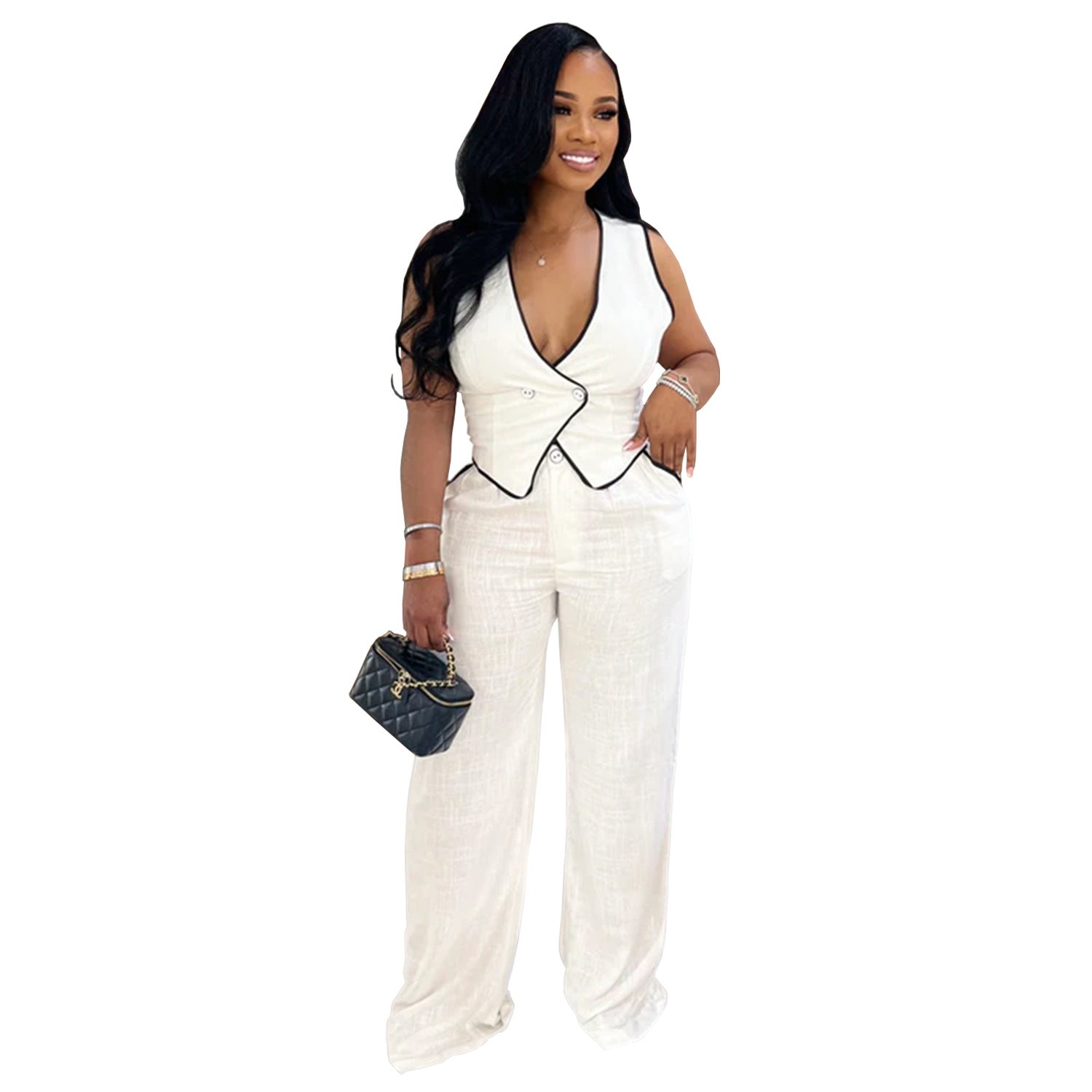 Casual V-neck Button-up Top And Pants Two-piece Set