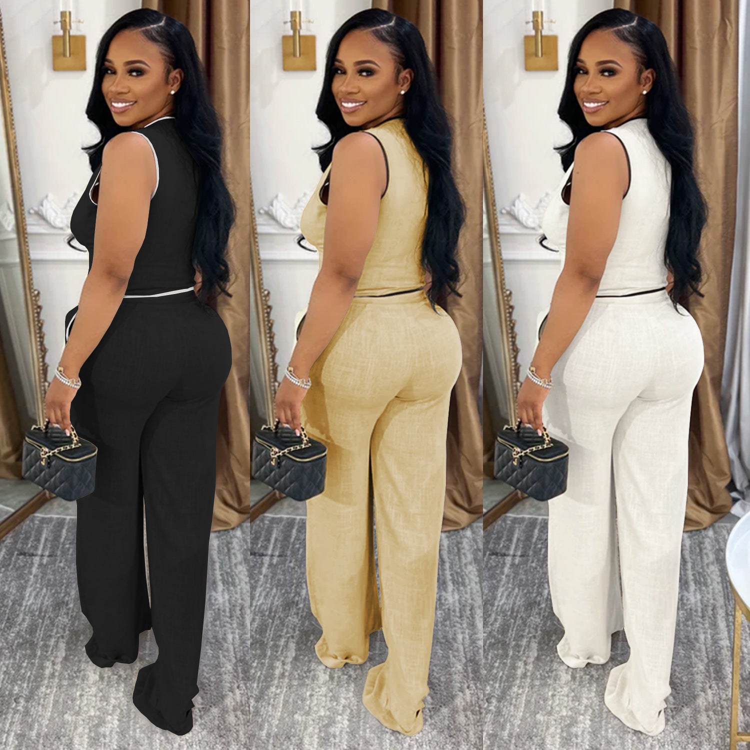 Casual V-neck Button-up Top And Pants Two-piece Set