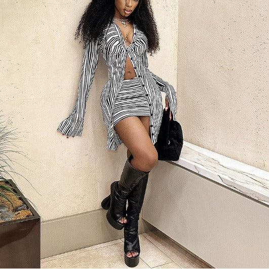 Deep V-neck Striped Single-breasted Shirt And Skirt Two-piece Set