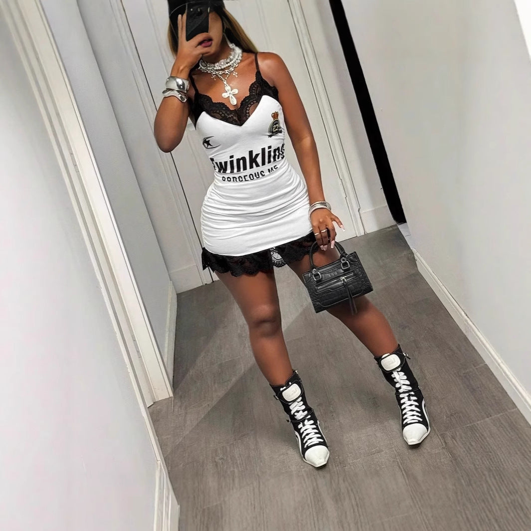 American-style Vintage Letter Lace-trimmed Versatile Slip Dress