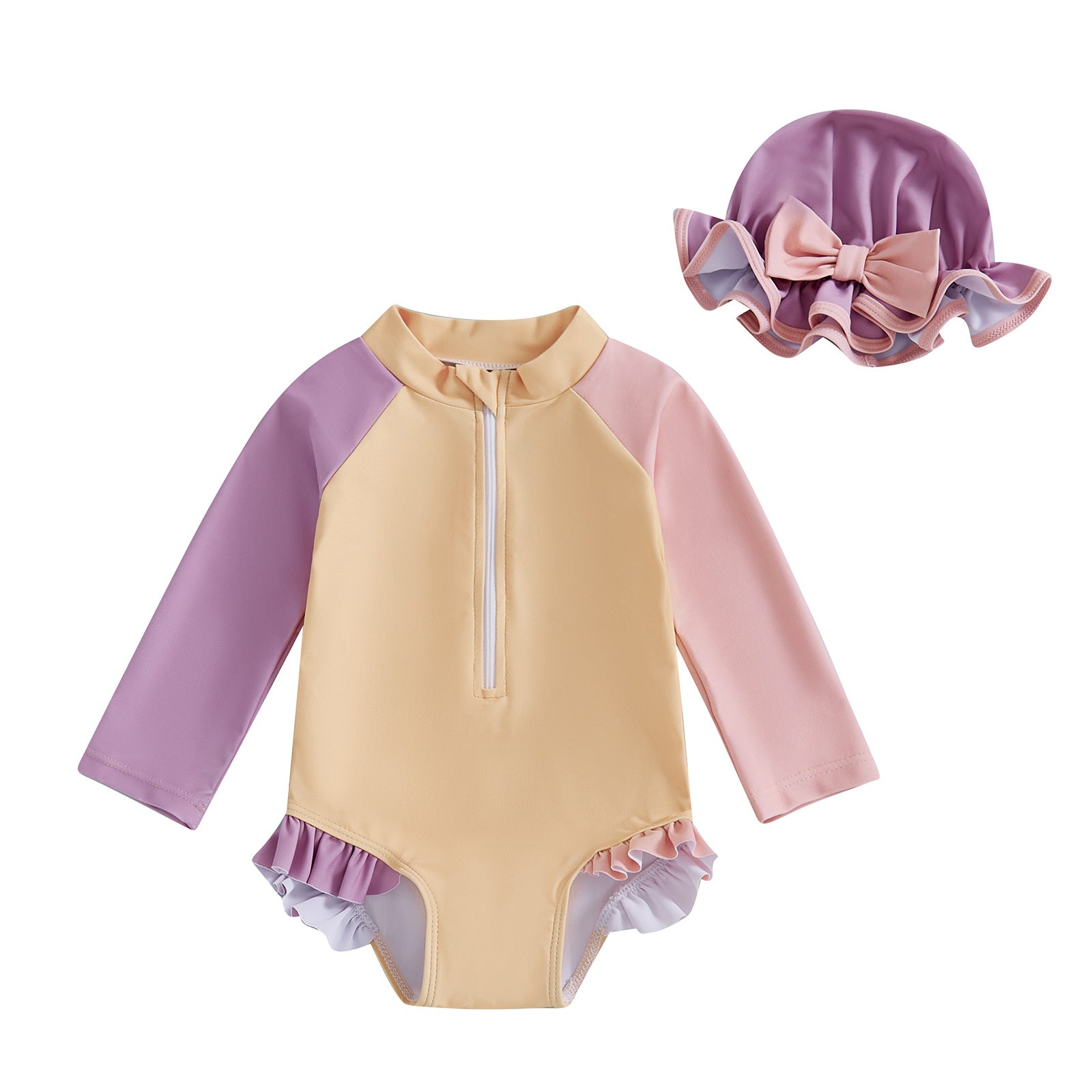 Color Stitching One-piece Long Sleeves With Hat Children's Swimsuit