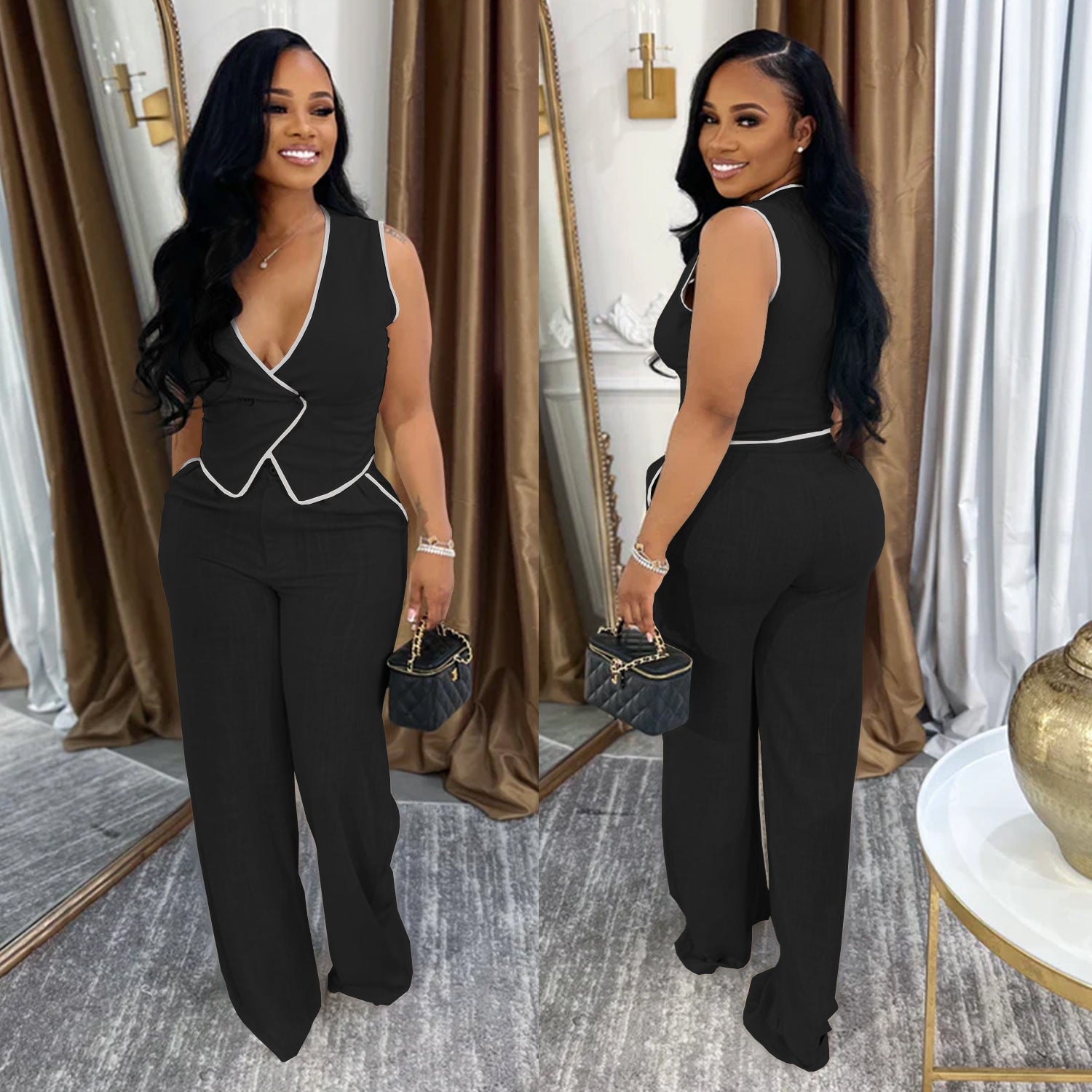 Casual V-neck Button-up Top And Pants Two-piece Set