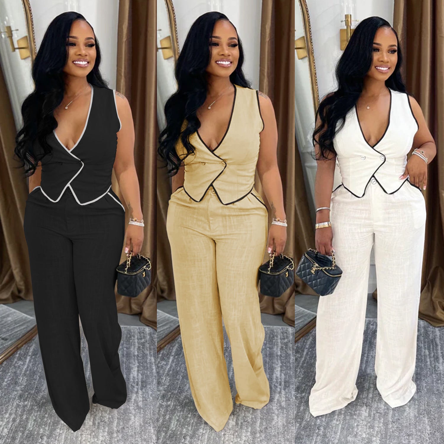 Casual V-neck Button-up Top And Pants Two-piece Set