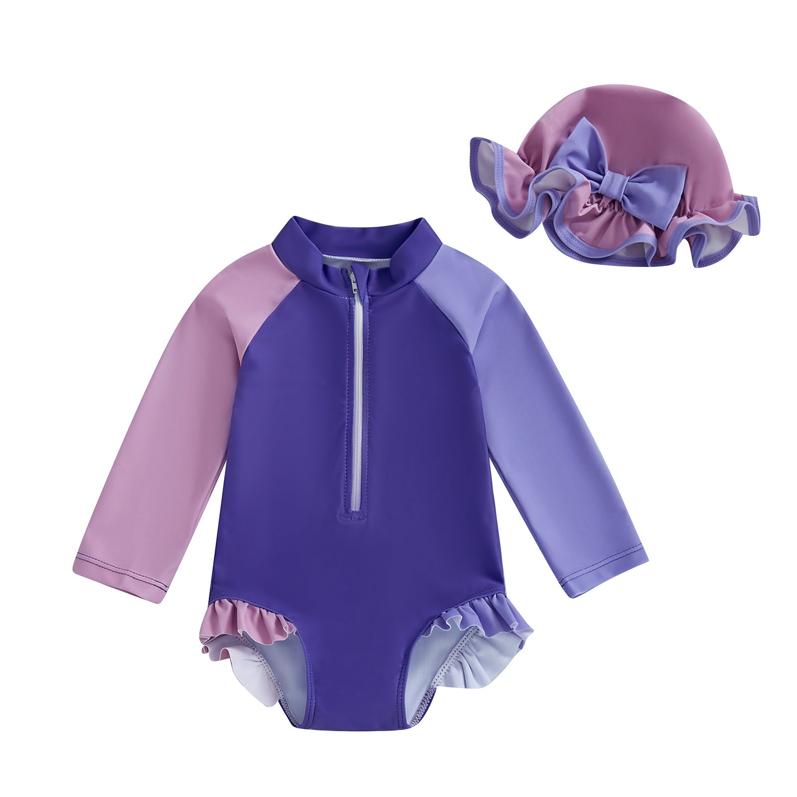 Color Stitching One-piece Long Sleeves With Hat Children's Swimsuit