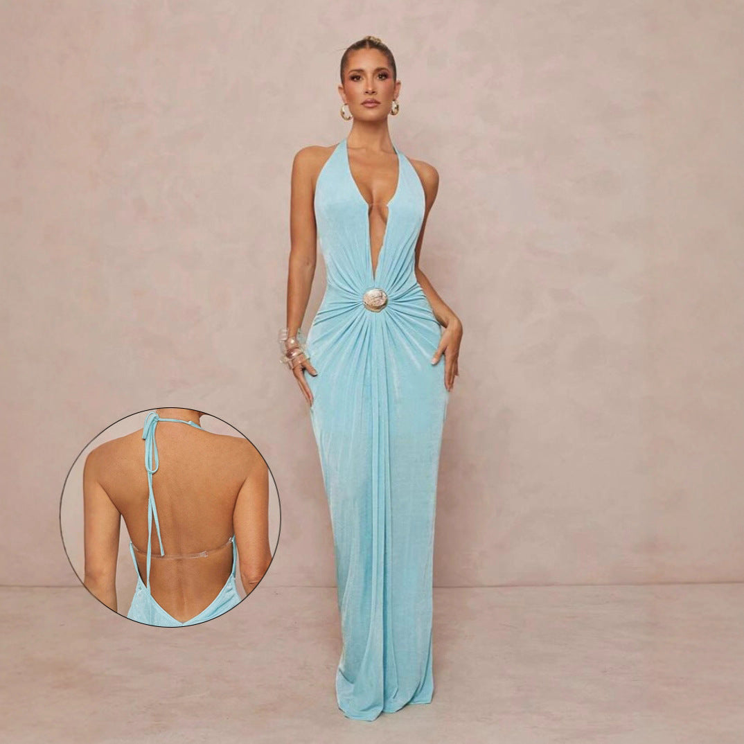Deep V-neck Halter Dress With Open Back For Beach Vacations