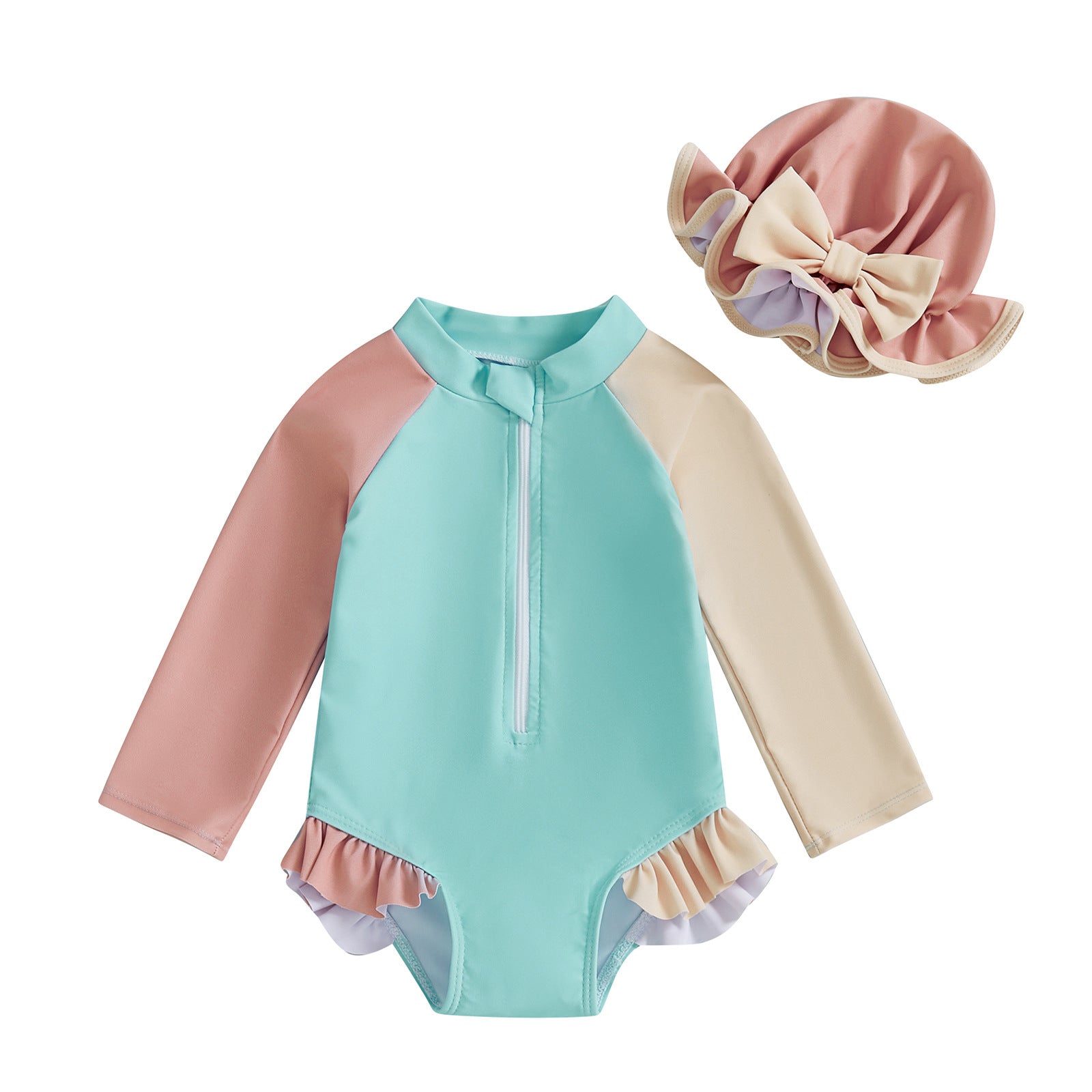 Color Stitching One-piece Long Sleeves With Hat Children's Swimsuit