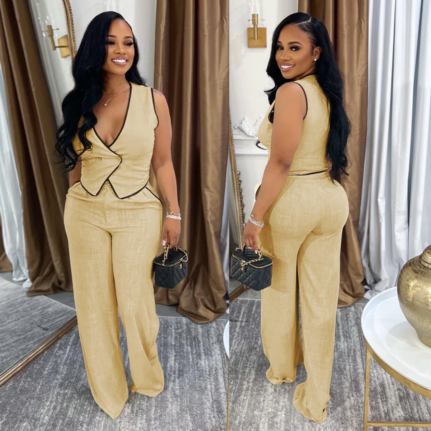 Casual V-neck Button-up Top And Pants Two-piece Set